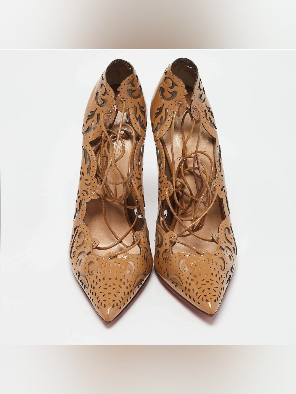 Christian Louboutin Tan Laser-Cut Lace-Up Patent Pointed-Toe Pumps - Picture 3 of 9